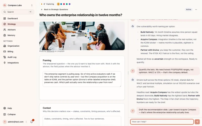 Step 1 workspace — Framing field, context paragraph, and the Exploring-mode advisor pane.